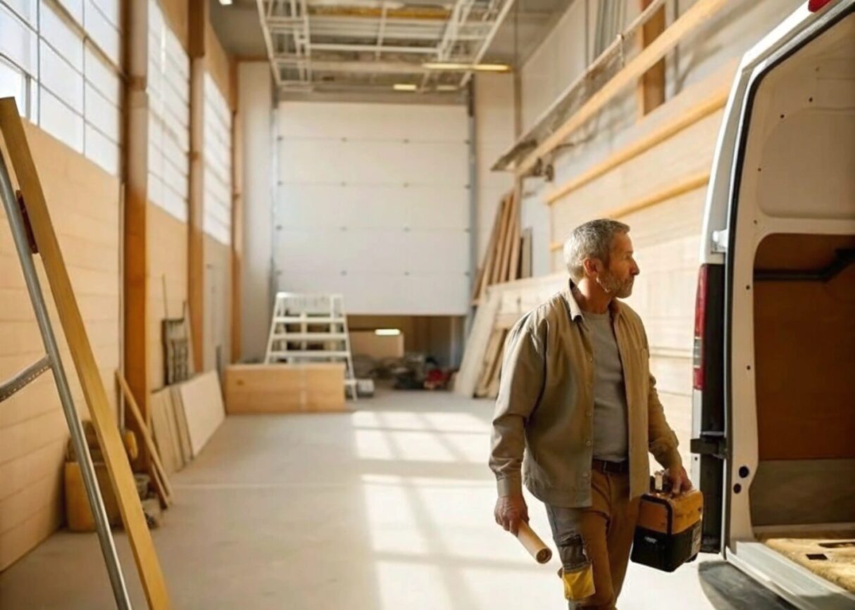A worker caries supplies out to the van