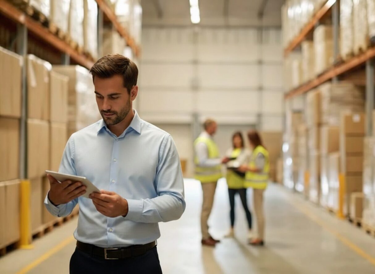 A manager walking through a warehouse